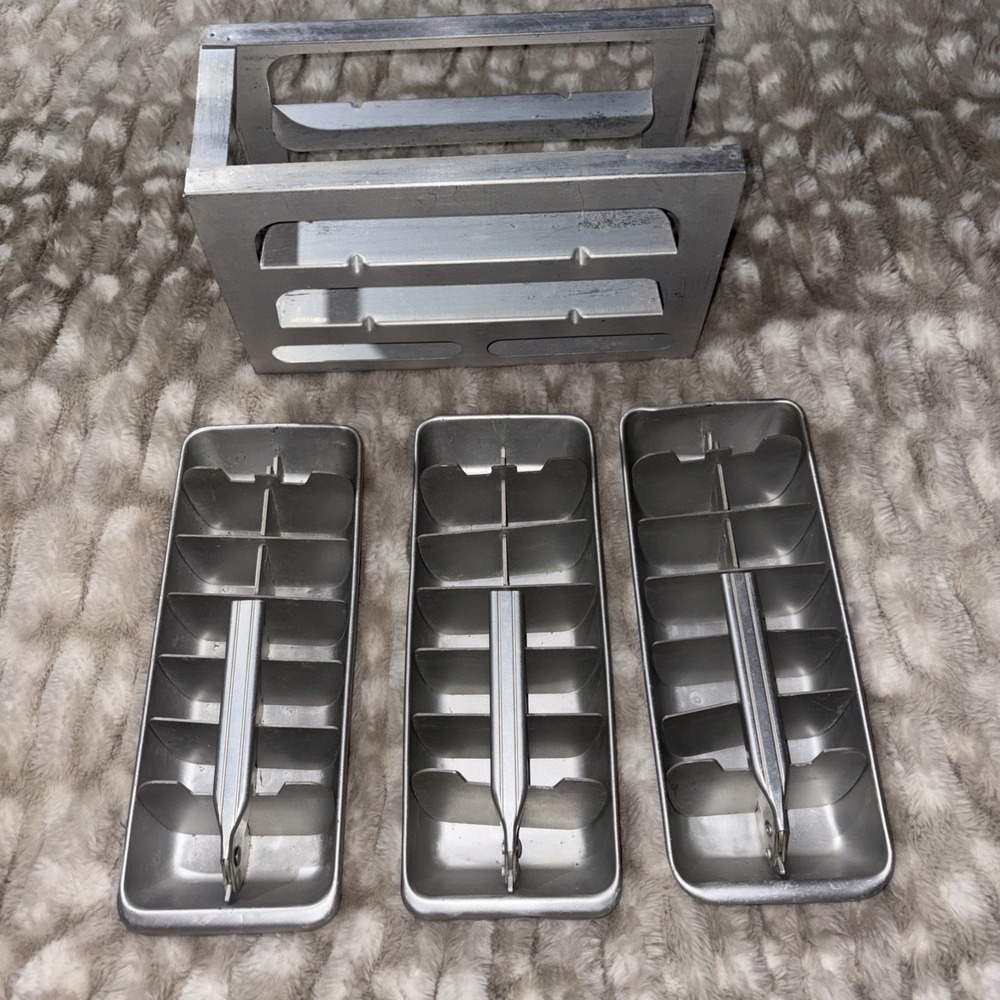 Vintage Aluminum Set of Three Metal Ice Cube Trays with Storage Box RARE READ